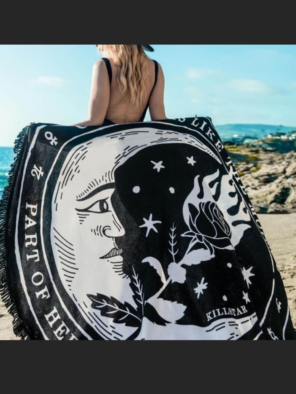 Killstar Black and White Celestial Moon Rose Beach Throw